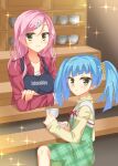  2girls :/ :3 akagi_(sanoba_witch) apron black_apron blue_hair blunt_bangs blunt_ends blurry blurry_background blush cafe closed_mouth collarbone colored_eyelashes commentary_request cowboy_shot crossed_arms cup dress flower frown fuyukichi_(nikoniko1567) german_text green_dress hair_flower hair_ornament hairclip highres holding holding_cup holding_plate indoors long_hair long_sleeves looking_at_viewer multiple_girls parallel_hairclips parted_lips pink_hair plaid_clothes plaid_dress plate red_ribbon red_shirt ribbon sanoba_witch shirt sitting sleeves_past_wrists smile souma_nanao sparkle standing teacup turtleneck twintails upper_body yellow_eyes yellow_flower yellow_shirt 