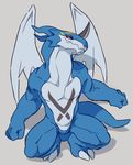  2016 anthro biped blue_skin claws digimon digital_drawing_(artwork) digital_media_(artwork) exveemon flookz grey_background hi_res horn looking_at_viewer male membranous_wings nude red_eyes scalie simple_background solo toe_claws wings 