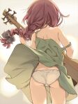  1girl ass back black_ribbon bocchi_the_rock! braid braided_ponytail brown_hair cameltoe cowboy_shot dress from_behind fukaku-tei green_dress guitar hair_ribbon highres hiroi_kikuri holding holding_guitar holding_instrument instrument long_hair music panties pantyshot playing_guitar playing_instrument ribbon simple_background solo sundress underwear white_background white_panties 
