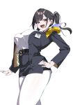  1girl absurdres belt black_belt black_hair black_jacket black_skirt breasts ear_ornament fingernails goddess_of_victory:_nikke hand_on_own_hip highres jacket large_breasts long_hair long_sleeves looking_at_viewer mole mole_under_eye open_clothes open_jacket open_mouth pantyhose red_eyes shirt shirt_tucked_in simple_background skirt smile solo sora_(nikke) tamago_(eva1314056) teeth tongue twintails white_background white_pantyhose white_shirt 