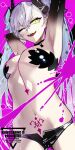  1girl armpits arms_up black_hands black_panties body_markings breasts choker colored_extremities crossed_bangs demon_girl demon_horns demon_wings fate/grand_order fate_(series) green_eyes grey_hair hair_between_eyes highres horns kabosoi_mangaka lilith_(fate) lilith_(second_ascension)_(fate) long_hair looking_at_viewer medium_breasts navel one_eye_closed open_mouth panties pointy_ears smile solo stomach_tattoo tattoo thighs twintails underwear very_long_hair wings 