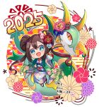  1girl 2025 :d alternate_costume blue_eyes brown_hair chibi chinese_zodiac double_bun full_body hair_bun happy_new_year highres holding holding_poke_ball japanese_clothes kimono long_hair long_sleeves looking_at_viewer mipokec open_mouth poke_ball poke_ball_(basic) pokemon pokemon_(creature) pokemon_bw2 rosa_(pokemon) sandals serperior smile socks twintails twitter_username white_socks wide_sleeves year_of_the_snake 