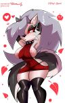 anthro areola armwear big_breasts big_hair big_tail black_armwear black_clothing black_legwear black_nose black_thigh_highs blush breasts canid canid_demon canine clothing collar demon dress eyelashes female front_view fur grey_body grey_fur grey_hair hair hair_over_eye hands_behind_head hellhound helluva_boss hi_res legwear long_hair loona_(helluva_boss) mammal mythological_canine mythological_creature mythology navel_outline nipple_slip nipples pink_areola pink_nipples pupils red_clothing red_dress red_sclera simple_background slit_pupils solo spiked_collar spikes tail thick_thighs thigh_highs thong_straps vinyl_squad white_background white_body white_eyes white_fur wide_hips