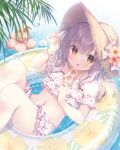  1girl bare_shoulders bikini blush breasts brown_eyes brown_hair cup flower frills hat hat_flower innertube long_hair looking_at_viewer navel original palm_leaf palm_tree smile solo stomach straw_hat sun_hat swim_ring swimsuit tongue tongue_out tree water yukie_(peach_candy) 