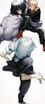  1boy 3boys absurdres air_(ai_r_) angry bad_anatomy bad_hands black_hair blue_hair colored_skin from_behind grey_skin hair_ornament hair_scrunchie highres itadori_yuuji jujutsu_kaisen long_hair low-tied_long_hair mahito_(jujutsu_kaisen) male_focus multiple_boys pale_skin pink_hair scrunchie short_hair simple_background solo standing stitched_arm stitched_face stitched_neck stitches transfigured_human_(jujutsu_kaisen) white_background wrestling yoshino_junpei 