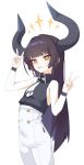  1girl behalter black_hair black_horns black_shirt bright_pupils clenched_teeth diein_(djmax) djmax djmax_respect double_v halo highres horns long_hair looking_at_viewer necktie orange_halo pants sharp_teeth shirt simple_background sleeveless sleeveless_shirt solo standing teeth v white_background white_necktie white_pants white_pupils yellow_eyes 