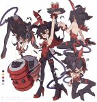  1girl absurdres ass bent_over black_hair color_guide demon_girl diabolos final_fantasy final_fantasy_xi flat_chest full_body grin high_heels highres leotard long_hair mallet multicolored_hair multiple_views open_mouth pantyhose pasties personification playboy_bunny red_hair sharp_teeth sitting smile teeth tray two-tone_hair wariza yellow_eyes zizi_niisan 