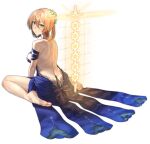  1girl absurdres back bare_shoulders barefoot blue_dress blush breasts brown_hair closed_mouth commentary_request dress feet flower full_body girls&#039;_frontline girls&#039;_frontline_2:_exilium green_eyes hair_flower hair_ornament highres long_hair looking_at_viewer looking_back official_alternate_costume simple_background sitting smile soles solo springfield_(girls&#039;_frontline) springfield_(girls&#039;_frontline_2) springfield_(queen_in_radiance)_(girls&#039;_frontline) toes walking_nakta wariza white_background 