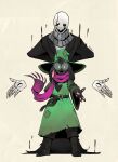  2boys :d animal_ears artist_name belt black_boots black_fur black_jacket blue_eyes boots commentary deltarune disembodied_hand english_commentary fangs furry furry_male glasses goat_boy goat_ears goat_horns green_hat green_robe grey_scarf hat heart heart_print highres hole_in_hand horns jacket looking_at_viewer mechamichal multiple_boys offering_hand patch pink_scarf ralsei ralsei_(hat) robe scarf smile straight-on w.d._gaster white_eyes wide_sleeves witch_hat 