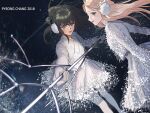  2girls :d alternate_universe black_hair brown_eyes brown_hair dated dress earmuffs gloves grey_eyes her_shim_cheong highres imam_(oozlo) korean_commentary lens_flare looking_at_viewer manim_(her_shim_cheong) multiple_girls object_request official_alternate_costume official_art pale_skin pantyhose ponytail shim_cheong smile v-shaped_eyebrows white_dress white_gloves white_pantyhose winter_clothes 