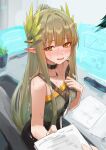 2girls absurdres arknights black_choker black_skirt blush breasts chair choker collarbone elf female_pov green_eyes green_hair green_shirt highres ho&#039;olheyak_(arknights) holding holding_paper laurel_crown long_hair looking_at_viewer medium_breasts mole mole_under_eye muelsyse_(arknights) multiple_girls nervous_smile nose_blush on_chair open_mouth paper pointy_ears pov shirt sitting sketch skirt smile strapless strapless_shirt sweat trembling uof 