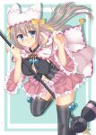  1girl 3: animal_ear_headwear aqua_background belt black_thighhighs blue_eyes blush bobbles bow breasts brown_hair button_gap cape cleavage closed_mouth commentary_request covered_nipples drop_shadow embarrassed eyes_visible_through_hair floating_cape floating_hair foot_out_of_frame frilled_skirt frilled_sleeves frills furrowed_brow fuyukichi_(nikoniko1567) hair_between_eyes hammer hands_up hat hat_bow hat_ribbon highres holding holding_hammer large_breasts leaning_forward long_hair long_sleeves looking_at_viewer magical_girl miniskirt nose_blush pink_skirt pink_sleeves pleated_skirt ribbon sanoba_witch shiiba_tsumugi simple_background skirt solo standing standing_on_one_leg striped_clothes striped_thighhighs thighhighs two-tone_background vertical-striped_clothes vertical-striped_thighhighs white_background white_belt white_cape white_hat wide_sleeves yellow_bow yellow_ribbon zettai_ryouiki 