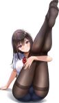  1girl ankle_socks ass black_pantyhose blue_socks blush bow bowtie breasts brown_hair buruma collared_shirt highres large_breasts legs_up long_hair looking_at_viewer original pantyhose pantyhose_under_buruma purple_eyes red_bow red_bowtie school_uniform shirt short_sleeves skindentation smile socks thighband_pantyhose very_long_hair white_background white_shirt yukemuriganmo 