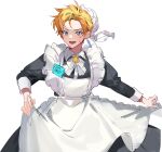  1boy alternate_costume apron black_dress blonde_hair blue_eyes blush bow bowtie brooch collared_dress commentary crossdressing dress earrings english_commentary enmaided frilled_apron frills headwear_request highres jewelry juliet_sleeves kaohom503 long_sleeves looking_at_viewer maid maid_apron male_focus name_tag nijisanji nijisanji_en open_mouth parted_bangs puffy_sleeves short_hair simple_background single_earring skirt_hold solo star_(symbol) star_brooch sweatdrop virtual_youtuber white_apron white_background white_bow white_bowtie yu_q._wilson 