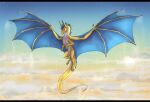 ambiguous_gender blue_body blue_eyes blue_fur blue_hair claws cloud cloudy_sky dragon european_mythology fur hair hi_res male male/ambiguous membrane_(anatomy) membranous_wings mythological_creature mythological_scalie mythology ruby_talon sayeth_aether scalie sky sky_background spread_wings sunset western_dragon wing_claws wings yellow_body