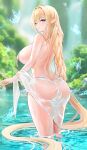  1girl absurdres akusamu ass azur_lane back bare_shoulders blonde_hair blue_butterfly blurry blurry_background blush braid braided_ponytail breasts bug butterfly closed_mouth commentary_request depth_of_field earrings elf eyes_visible_through_hair forest from_behind glowing_butterfly gouden_leeuw_(azur_lane) hair_between_eyes hair_intakes hair_over_breasts hair_over_shoulder highres jewelry large_breasts light_particles long_hair looking_at_viewer looking_back nature nude partially_submerged pointy_ears purple_eyes see-through_clothes sideboob sidelocks single_earring smile solo standing thighs turning_head very_long_hair water waterfall wet 