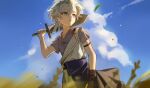  1boy antenna_hair armband black_gloves blue_eyes blue_sky commentary gloves grey_shirt hadanugi_dousa highres holding holding_sword holding_weapon honkai:_star_rail honkai_(series) looking_to_the_side male_focus official_alternate_costume over_shoulder parted_bangs parted_lips phainon_(a_dream_scented_in_wheat)_(honkai:_star_rail) phainon_(honkai:_star_rail) shirt short_hair sky solo suamk2 sword sword_over_shoulder symbol-only_commentary weapon weapon_over_shoulder white_hair wooden_sword 