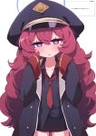 1girl @_@ aged_down black_coat black_eyes black_hat black_shirt black_skirt blue_archive blue_halo coat collared_shirt commentary commentary_request cowboy_shot halo hat highres iroha_(blue_archive) kurosaki_kousuke long_hair long_sleeves loose_necktie military_hat necktie open_mouth peaked_cap pencil_skirt red_hair red_necktie request_inset shirt simple_background skirt sleeves_past_wrists solo translation_request very_long_hair wavy_hair white_background 