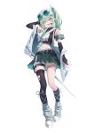  1girl absurdres arm_behind_head asymmetrical_legwear black_arm_warmers black_socks black_thighhighs crop_top green_hair green_nails green_skirt grey_leg_warmers hair_between_eyes highres jacket kneehighs leg_warmers looking_at_viewer medium_hair midriff mirrorapo_yemp multicolored_eyes navel open_clothes open_jacket open_mouth shoes simple_background skirt smile socks solo standing stellive sword teeth thigh_strap thighhighs twintails uneven_legwear upper_teeth_only virtual_youtuber weapon white_background white_jacket white_shoes yuzuha_riko 