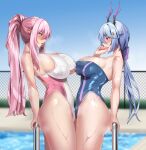  2girls blue_hair blurry blurry_background blush breasts cleavage competition_swimsuit day highleg highleg_one-piece_swimsuit highres horns huge_breasts large_breasts long_hair midnight_(banyex) multiple_girls one-piece_swimsuit original outdoors pink_hair pointy_ears ponytail pool pool_ladder purple_eyes red_eyes strapless strapless_one-piece_swimsuit swimsuit two-tone_swimsuit water yuri 
