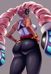 arms_(game) ass bare_shoulders bracelet breasts chilla_(arms) dark_skin drill_hair earrings green_eyes grey_background hands_on_hips hips jewelry light_smile lips long_hair mask medium_breasts pink_hair simple_background solo thighs twin_drills twintelle_(arms) very_long_hair yokkora 
