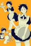  1boy 2others ? alternate_costume black_hair cowboy_shot crossdressing crossdressing_(mtf) cup dress embarrassed enmaided frilled_dress frills highres holding holding_plate maid maid_headdress male_focus male_maid moko_(gloriaaaaaa) monkey_d._luffy multiple_others multiple_views o3o one_piece orange_background plate scar scar_on_cheek scar_on_face short_hair solo spoken_question_mark teacup thighhighs white_thighhighs worried 
