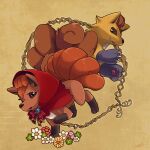  alternate_color animal_hands big_bad_wolf big_bad_wolf_(cosplay) brown_background brown_eyes clothed_pokemon cosplay flower full_body gloves little_red_riding_hood_(fairy_tale) little_red_riding_hood_(fairy_tale_character) little_red_riding_hood_(fairy_tale_character)_(cosplay) no_humans paw_gloves pokemon pokemon_(creature) red_flower red_hood shiny_and_normal shiny_pokemon tuyu_bit vulpix white_flower yellow_flower 
