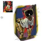ambiguous_gender android aphelion_host b1_battle_droid battle_droid bent_over clothing digital_drawing_(artwork) digital_media_(artwork) kerfur_omega_(votv) machine not_furry robot shirt signature simple_background solo star_wars t-shirt text topwear voices_of_the_void