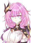  1girl blue_eyes breasts chinese_commentary cleavage commentary_request corset elf elysia_(honkai_impact) elysia_(miss_pink_elf)_(honkai_impact) hair_ornament highres honkai_(series) honkai_impact_3rd large_breasts long_hair looking_at_viewer pink_hair pink_pupils pointy_ears shanjiuye shrug_(clothing) simple_background smile solo white_background white_corset 