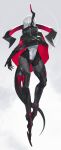  1girl absurdres android black_skin blunt_bangs bodysuit cape colored_skin covered_navel echanis_enicha hair_over_one_eye highres horns jacket leotard mechanical_legs no_eyes original poncho red_nails robot single_horn white_background 
