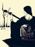 1girl black_hair black_kimono highres holding holding_instrument instrument instrument_request japanese_clothes kimono long_hair long_sleeves looking_at_object mask music oni_mask original playing_instrument shadow sitting solo tp_p_pt white_background wide_sleeves 