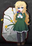  1girl absurdres black_thighhighs blonde_hair blue_eyes blue_flower blue_neckerchief blue_rose broken_mirror brown_shoes closed_mouth commentary_request dress flower full_body green_dress highres holding holding_flower ib_(kouri) long_hair looking_at_viewer mary_(ib) mirror neckerchief red_flower red_rose rose shadow shoes smile solo thighhighs tonghua_sakana yellow_flower yellow_rose 
