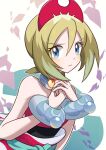  1girl blonde_hair blue_eyes bracelet closed_mouth commentary_request eyelashes hair_between_eyes hairband hands_up highres irida_(pokemon) jewelry looking_at_viewer medium_hair neck_ring own_hands_together pokemon pokemon_legends:_arceus sasami_642 sash shirt solo strapless strapless_shirt upper_body 