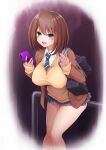  1girl arm_up bag blue_eyes blue_necktie blue_skirt blush breasts brown_hair brown_jacket brown_sweater cardigan cellphone collared_shirt diagonal-striped_clothes diagonal-striped_necktie green_necktie grey_skirt highres holding holding_phone implied_prostitution jacket large_breasts long_sleeves maririn medium_hair miniskirt necktie on_railing open_mouth phone plaid_clothes plaid_skirt pleated_skirt railing saki_(manga) school_bag school_uniform shirt shoulder_bag simple_background sitting skirt sleeves_past_wrists smartphone smile solo striped_clothes striped_necktie sweater tented_shirt thighs unozawa_shiori white_shirt yellow_cardigan 