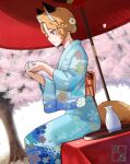 1girl absurdres animal_ear_fluff animal_ears blonde_hair blue_eyes blue_kimono braid cherry_blossoms choko_(cup) commentary_request cup floral_print floral_print_kimono flower fox_ears fox_girl fox_tail from_side hair_flower hair_ornament hair_up half_up_braid highres japanese_clothes kimono light_smile murakami_kou_(raye) obi oil-paper_umbrella original petals print_kimono profile sash sitting solo tail tail_through_clothes tokkuri tray tree umbrella wide_sleeves 