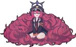  1girl between_legs black_hat black_jacket black_shirt black_skirt blue_archive blue_eyes blush bpayg fluffy_hair hair_between_eyes hand_between_legs hat highres iroha_(blue_archive) jacket long_hair looking_at_viewer necktie open_mouth peaked_cap red_hair red_necktie shirt sidelocks sitting skirt solo very_long_hair wariza 