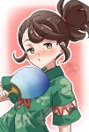  1girl brown_eyes brown_hair closed_mouth commentary_request eyelashes green_shirt highres holding holding_paddle hot juliana_(pokemon) outline paddle pink_background pokemon pokemon_sv ponytail print_shirt sasami_642 shirt short_ponytail short_sleeves signature solo sweat upper_body 