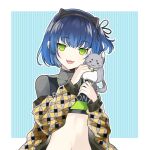  1boy :3 :d animal animal_ear_hairband animal_ears animal_on_shoulder black_hairband black_ribbon black_shirt blue_background blue_hair border bright_pupils cat_ear_hairband cat_ears chinchilla_(animal) commentary_request crop_top cropped_shirt fake_animal_ears fang green_eyes green_nails hair_between_eyes hair_ribbon hairband highres holding holding_animal jacket jacket_partially_removed jitome kiki_(tsunya) long_sleeves male_focus nail_polish navel one_side_up open_mouth orange_jacket outside_border pale_skin patterned_clothing puffy_long_sleeves puffy_sleeves ribbon ryoune_yami shirt short_hair simple_background smile stomach trap turtleneck turtleneck_shirt upper_body utau vertical-striped_background white_border white_pupils 