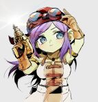  1girl adjusting_eyewear aqua_eyes arm_up armlet bandana breasts buttons colored_eyelashes colored_skin commentary_request double-breasted dragon_quest dragon_quest_x dress earrings floating_hair gem gloves goggles goggles_on_headwear gold_armlet green_skin highres holding_power_drill jewelry large_breasts large_ears long_hair looking_to_the_side necklace orange_dress orange_gloves petite power_drill purple_hair red_bandana red_gemstone sato_sio_(si00x) solo stud_earrings two-tone_dress ulta_(dq10) upper_body white_dress 