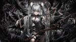  1girl absurdres black_dress blood blood_on_weapon blunt_bangs bone breasts brooch cleavage_cutout clothing_cutout covered_navel cross-shaped_pupils dress gawako grey_hair half-closed_eye highres holding holding_sword holding_weapon horns jewelry knife long_hair looking_at_viewer necktie original parted_lips pointy_ears red_brooch red_hair short_sleeves sidelocks skeleton solo sword symbol-shaped_pupils teeth thigh_strap twintails valentina_(gawako) weapon 