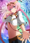  1girl aerial_fireworks braid breasts choker circlet crop_top crop_top_overhang epic_seven fireworks gold_trim grin hand_up long_hair looking_at_viewer midriff navel outstretched_arm pink_hair purple_eyes red_choker rin_ateria shirt small_breasts smile solo stomach tenebria_(epic_seven) twin_braids twintails underboob upper_body very_long_hair white_shirt 