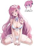  1girl bikini breasts cleavage collarbone commentary doro_(nikke) dorothy_(nikke) english_commentary flower full_body goddess_of_victory:_nikke hair_bun hair_flower hair_ornament highres large_breasts long_hair looking_at_viewer navel noneu03 open_mouth pink_hair purple_eyes simple_background single_side_bun sitting stomach swimsuit thigh_strap very_long_hair wariza wet white_background white_bikini 