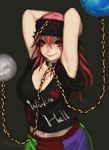 armpits arms_behind_head arms_up belly_peek black_shirt breasts chain closed_mouth clothes_writing collar commentary_request cowboy_shot earth_(ornament) gengoroumaru_(ambidextrous) gold_chain hair_between_eyes hecatia_lapislazuli highres large_breasts long_hair looking_at_viewer moon_(ornament) multicolored multicolored_clothes multicolored_skirt off-shoulder_shirt polos_crown red_eyes red_hair shirt skirt smile solo t-shirt touhou twitter_username 