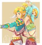  alternate_costume alternate_hairstyle arms_up back-to-back blonde_hair blue_eyes crossdressing detached_sleeves dual_persona gerudo_link highres link looking_at_viewer midriff multiple_boys navel otoko_no_ko pointy_ears red_botw smile stomach the_legend_of_zelda the_legend_of_zelda:_breath_of_the_wild veil weapon 