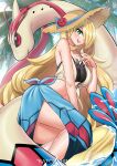 1girl :d absurdres alternate_eye_color bikini bikini_under_clothes blonde_hair blue_sarong blue_sky breasts cleavage cloud collarbone crop_top cynthia_(pokemon) cynthia_(summer_2025)_(pokemon) day flower gradient_eyes green_eyes hair_over_one_eye hand_up hat hat_flower highres katou_shinobu large_breasts long_hair looking_at_viewer lying milotic multicolored_eyes on_side outdoors pokemon pokemon_(creature) pokemon_masters_ex sarong shirt sky smile sun_hat swimsuit thighs tied_shirt tree very_long_hair water 