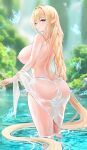  1girl absurdres akusamu ass azur_lane back bare_shoulders blonde_hair blue_butterfly blurry blurry_background blush braid braided_ponytail breasts bug butterfly closed_mouth commentary_request depth_of_field earrings elf eyes_visible_through_hair forest from_behind glowing_butterfly gouden_leeuw_(azur_lane) hair_between_eyes hair_intakes hair_over_shoulder highres jewelry large_breasts light_particles long_hair looking_at_viewer looking_back nature nipples nude partially_submerged pointy_ears purple_eyes see-through_clothes sideboob sidelocks single_earring smile solo standing thighs turning_head very_long_hair water waterfall wet 