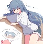  2girls blue_cat blue_hair blue_ribbon blue_shorts blunt_bangs blush cat closed_eyes commentary_request feet_out_of_frame hair_ribbon hibino_000 highres hot kotonoha_akane kotonoha_aoi long_hair long_sleeves lying multiple_girls on_side open_mouth pink_hair red_ribbon ribbon shirt shorts sidelocks speech_bubble spoken_animal sweat thought_bubble translation_request voiceroid white_background white_shirt wide_sleeves 