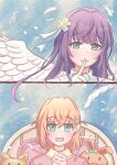  2girls :d absurdres aged_down angel angel_wings aqua_eyes closed_mouth commentary_request contrast_collar ether_aria_(love_live!) feathered_wings finger_to_mouth flower frilled_shirt_collar frills hair_flower hair_ornament highres hikari863126 hinoshita_kaho hinoshita_kaho_(young) interlocked_fingers link!_like!_love_live! long_hair love_live! multiple_girls official_alternate_costume on_bed open_mouth orange_hair otomune_kozue own_hands_clasped own_hands_together pink_shirt purple_hair rabbit_hair_ornament shirt shushing sidelocks smile stuffed_animal stuffed_rabbit stuffed_toy two_side_up virtual_youtuber white_wings wings yellow_flower 