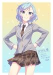  &gt;:) 1girl aqua_hair bang_dream! blazer blush border bow braid brown_necktie brown_skirt closed_mouth collared_shirt commentary_request diagonal-striped_clothes diagonal-striped_necktie e20 green_eyes grey_jacket hair_bow hands_on_own_hips haneoka_school_uniform highres hikawa_hina jacket long_sleeves looking_at_viewer necktie plaid_clothes plaid_skirt pleated_skirt school_uniform second-party_source shirt skirt smile solo standing striped_clothes striped_necktie translation_request twin_braids v-shaped_eyebrows white_border white_shirt yellow_bow 