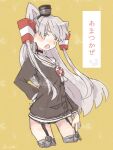  1girl amatsukaze_(kancolle) arm_behind_back black_dress blush character_name commentary cropped_legs dress garter_straps grey_hair hair_tubes kantai_collection long_hair long_sleeves looking_at_viewer open_mouth sailor_collar sailor_dress short_dress signature simple_background solo someillust two_side_up white_sailor_collar yellow_background yellow_eyes 